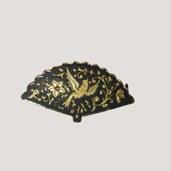 Vintage Damascene Brooch Small Gold Tone Black Enamel Fan Bird Floral Design - Picture 16 of 16